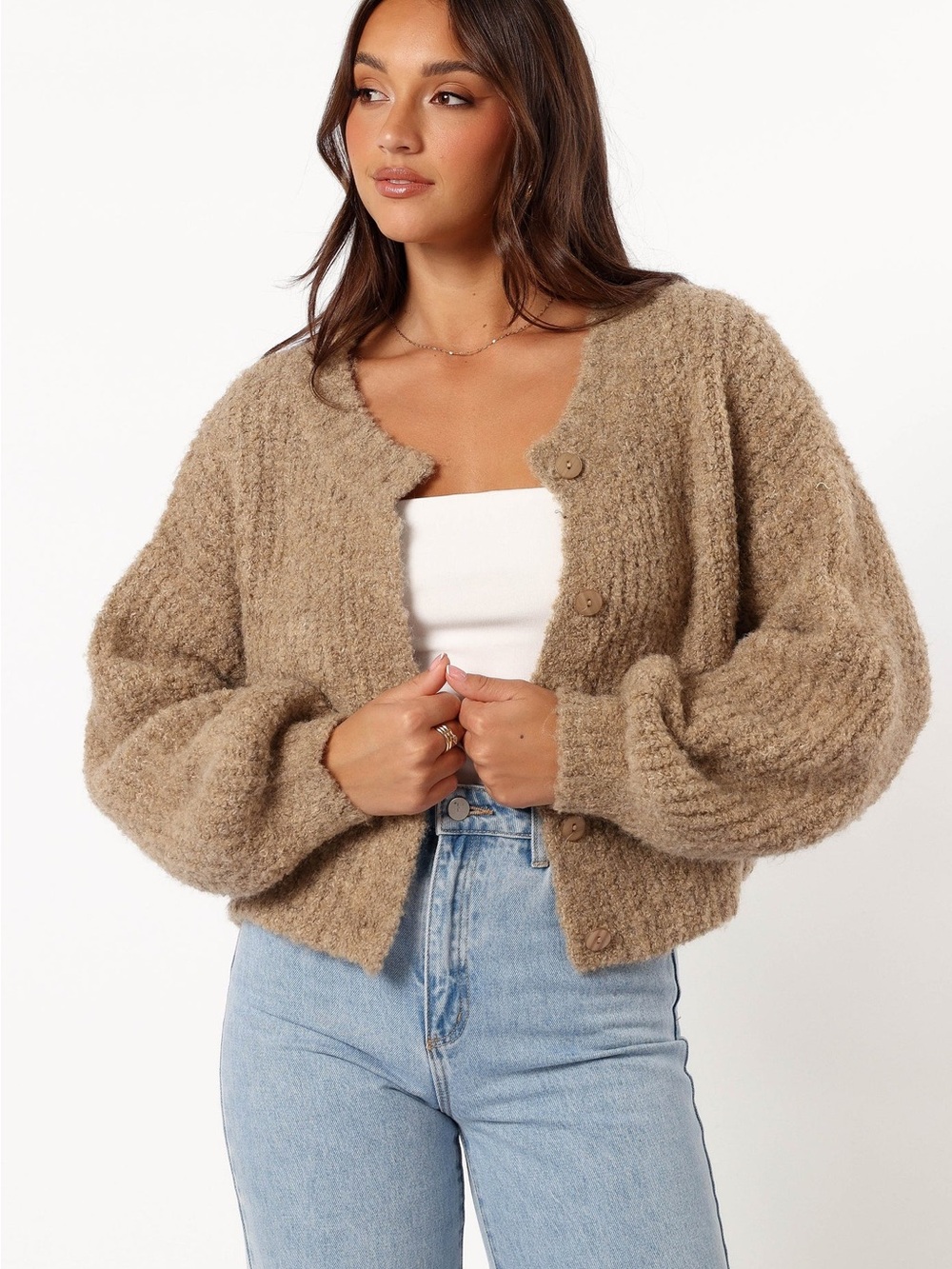 Petal & Pup Albertine Cardigan Sweater Latte Brown Color Button Down